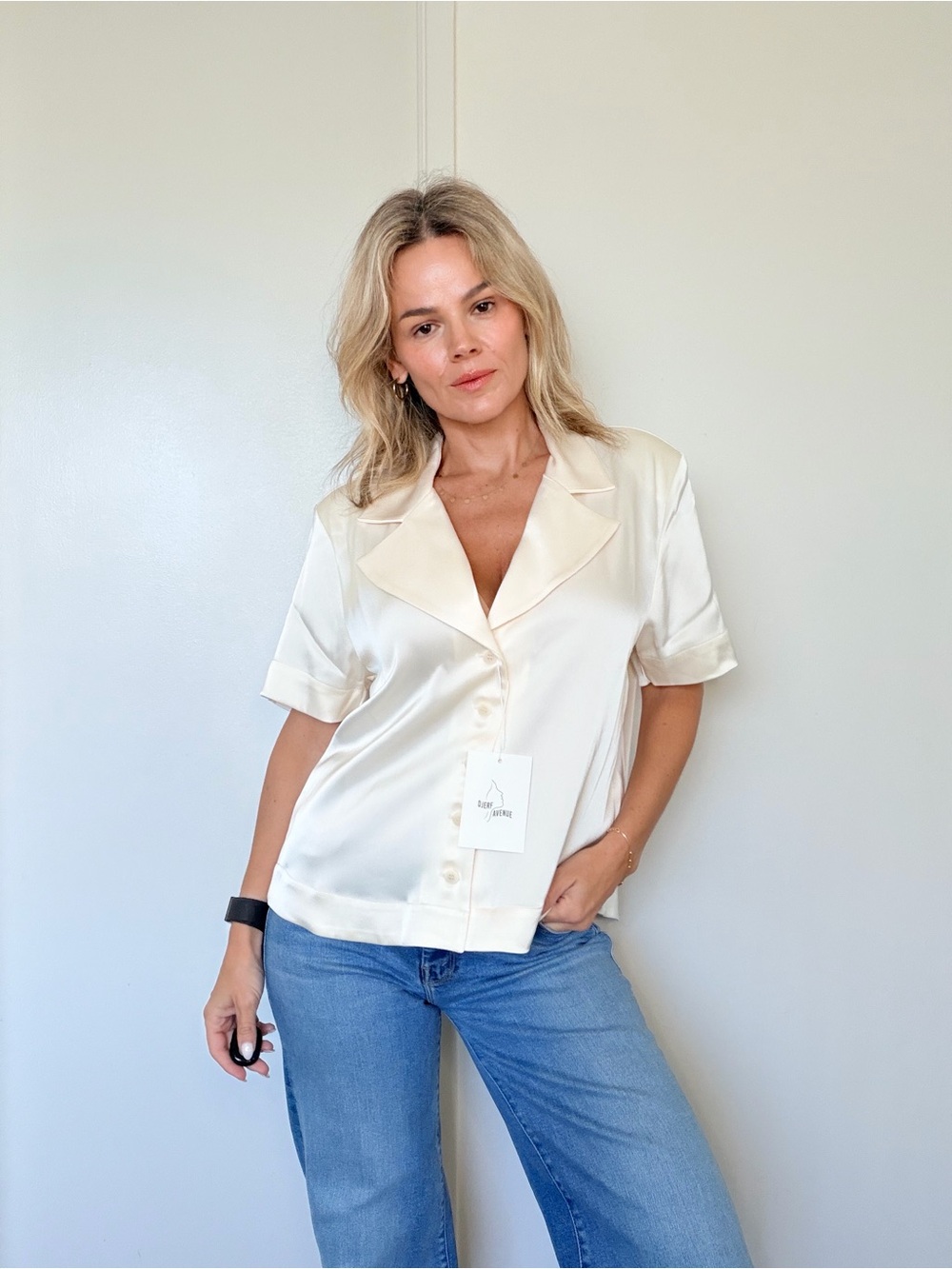 New Djerf Avenue Satin Short Sleeve Blouse - Ivory